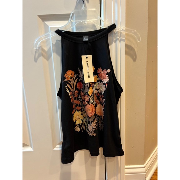 SHEIN Tops - New Shein Halter Top Black Floral Sleeveless Tank Summer Blouse Size M